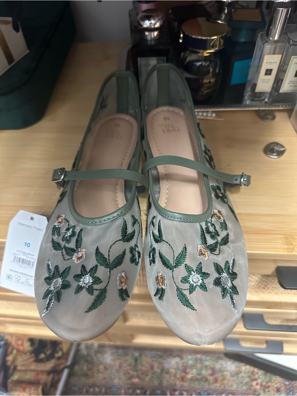 Time and Tru Green Embroidered Mary Jane Flats